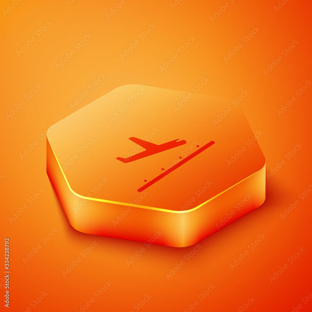 Isometric Plane landing icon isolated on orange background. Airplane transport symbol. Orange hexago