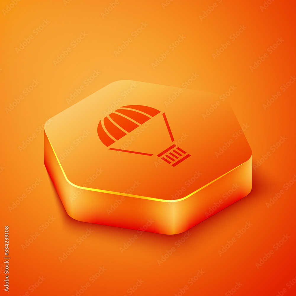 Isometric Box flying on parachute icon isolated on orange background. Parcel with parachute for ship