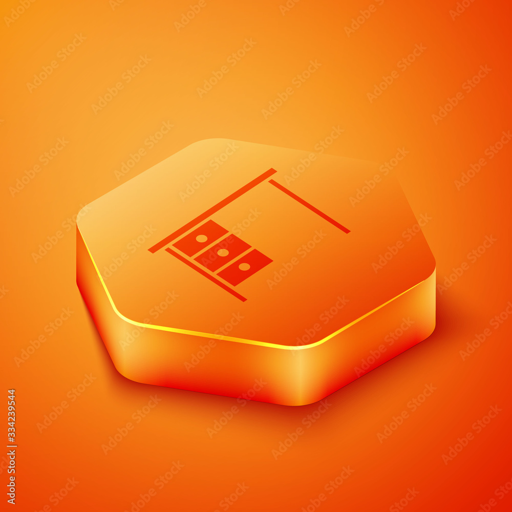 Isometric Office desk icon isolated on orange background. Orange hexagon button. Vector Illustration