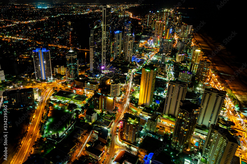 Surfers paradise Australia at night.  Ariel view.