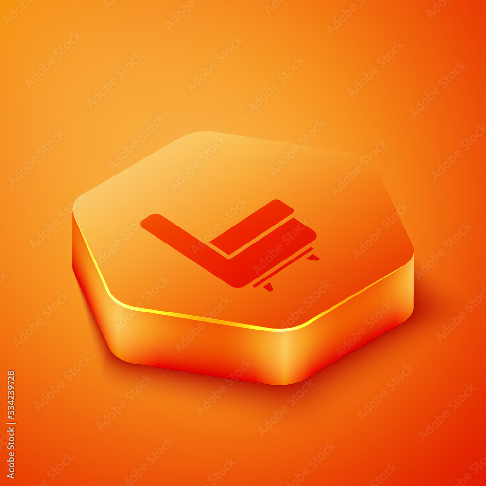 Isometric Armchair icon isolated on orange background. Orange hexagon button. Vector Illustration