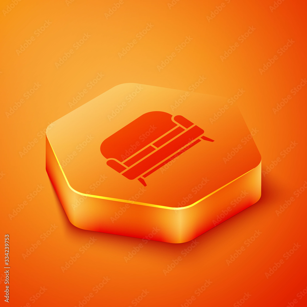 Isometric Sofa icon isolated on orange background. Orange hexagon button. Vector Illustration