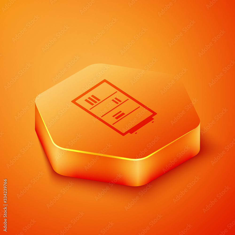 Isometric Library bookshelf icon isolated on orange background. Orange hexagon button. Vector Illust