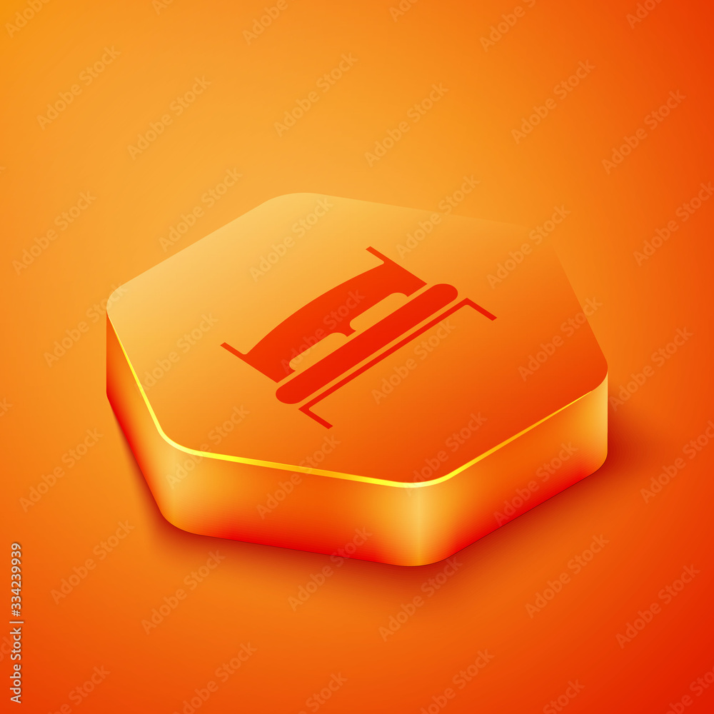 Isometric Big bed for two or one person icon isolated on orange background. Orange hexagon button. V