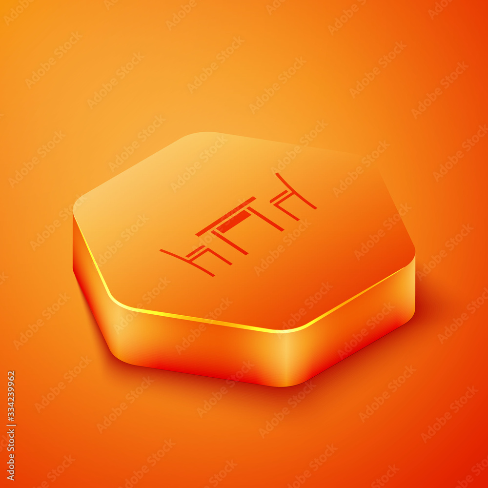 Isometric Wooden table with chair icon isolated on orange background. Orange hexagon button. Vector 