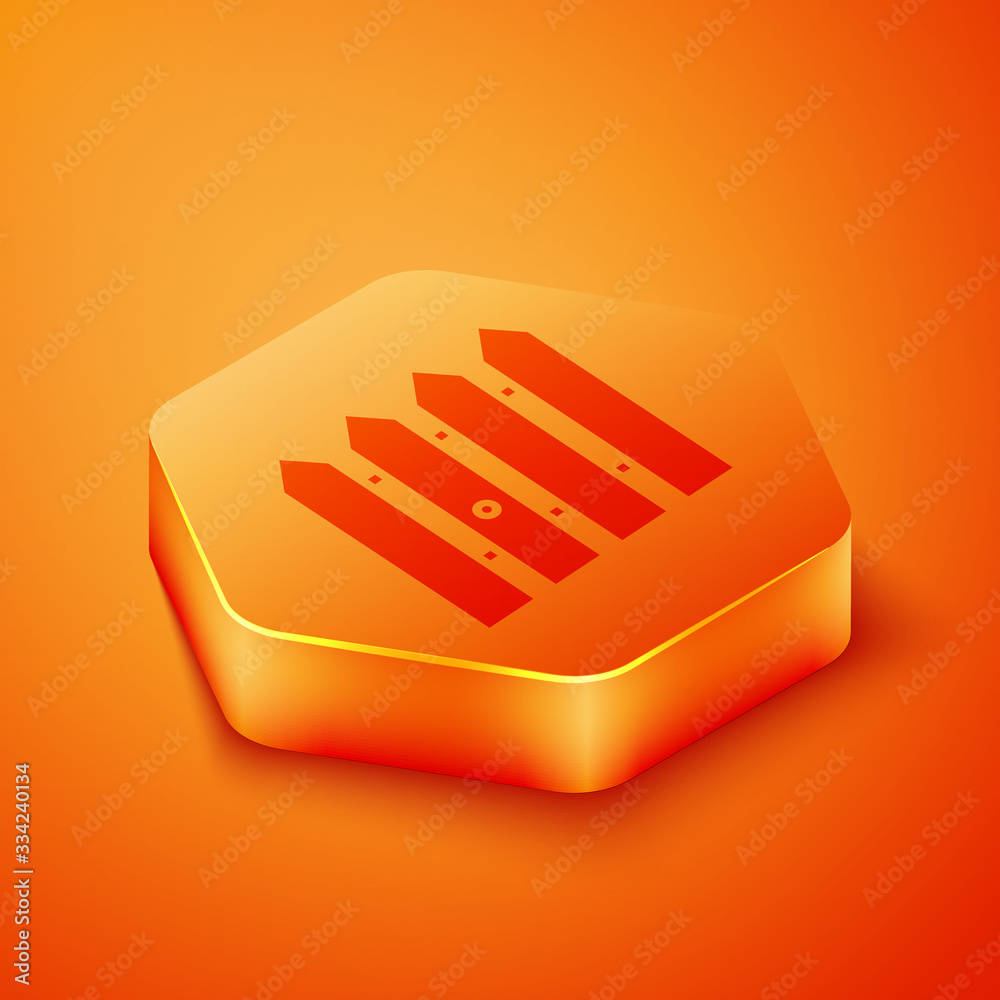 Isometric Garden fence wooden icon isolated on orange background. Orange hexagon button. Vector Illu