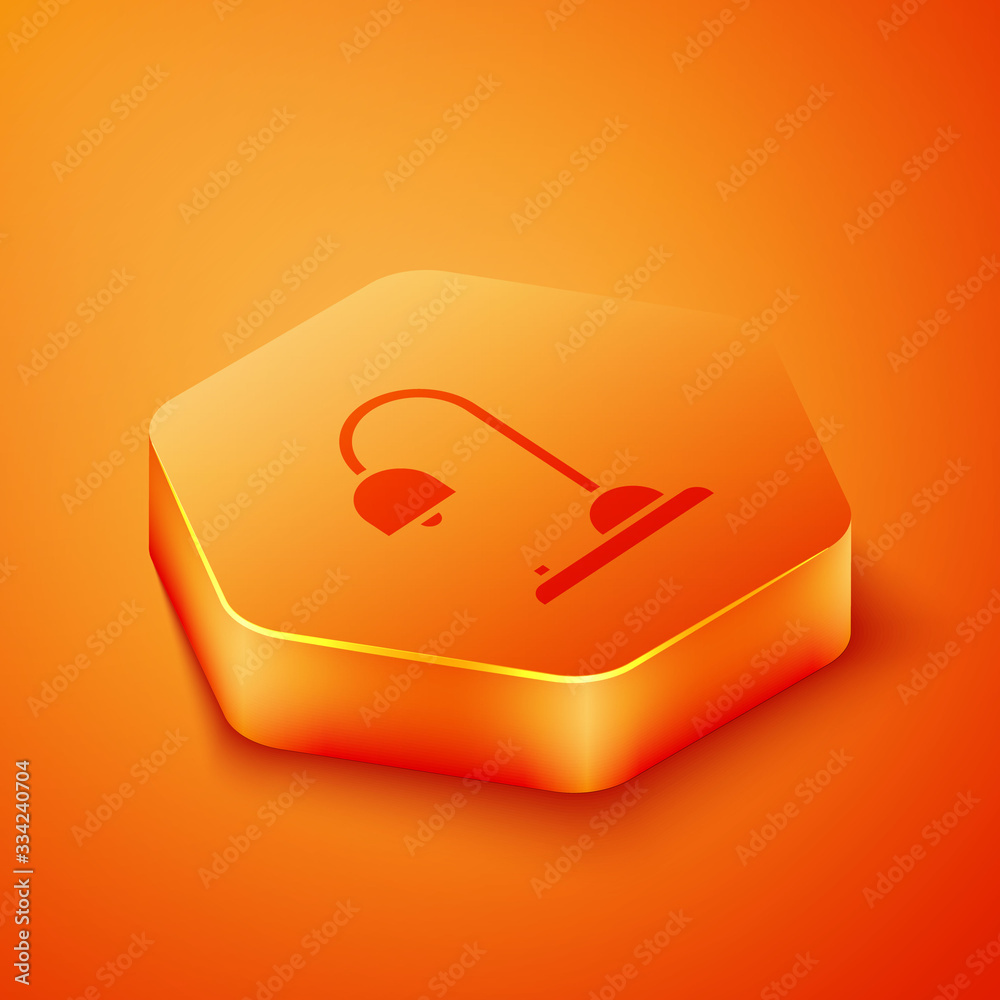 Isometric Table lamp icon isolated on orange background. Orange hexagon button. Vector Illustration