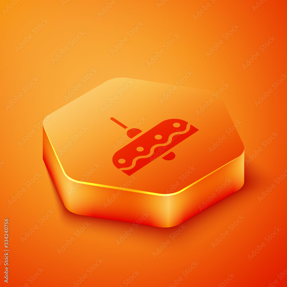 Isometric Chandelier icon isolated on orange background. Orange hexagon button. Vector Illustration