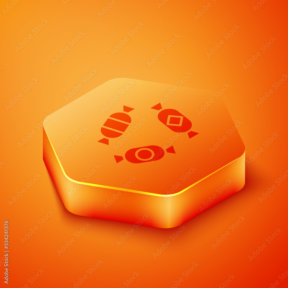 Isometric Candy icon isolated on orange background. Orange hexagon button. Vector Illustration