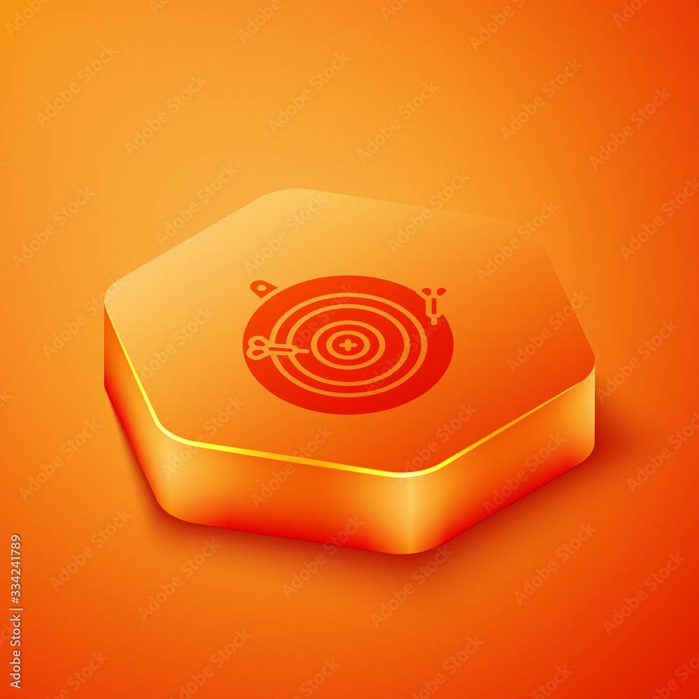 Isometric Classic dart board and arrow icon isolated on orange background. Dartboard sign. Game conc