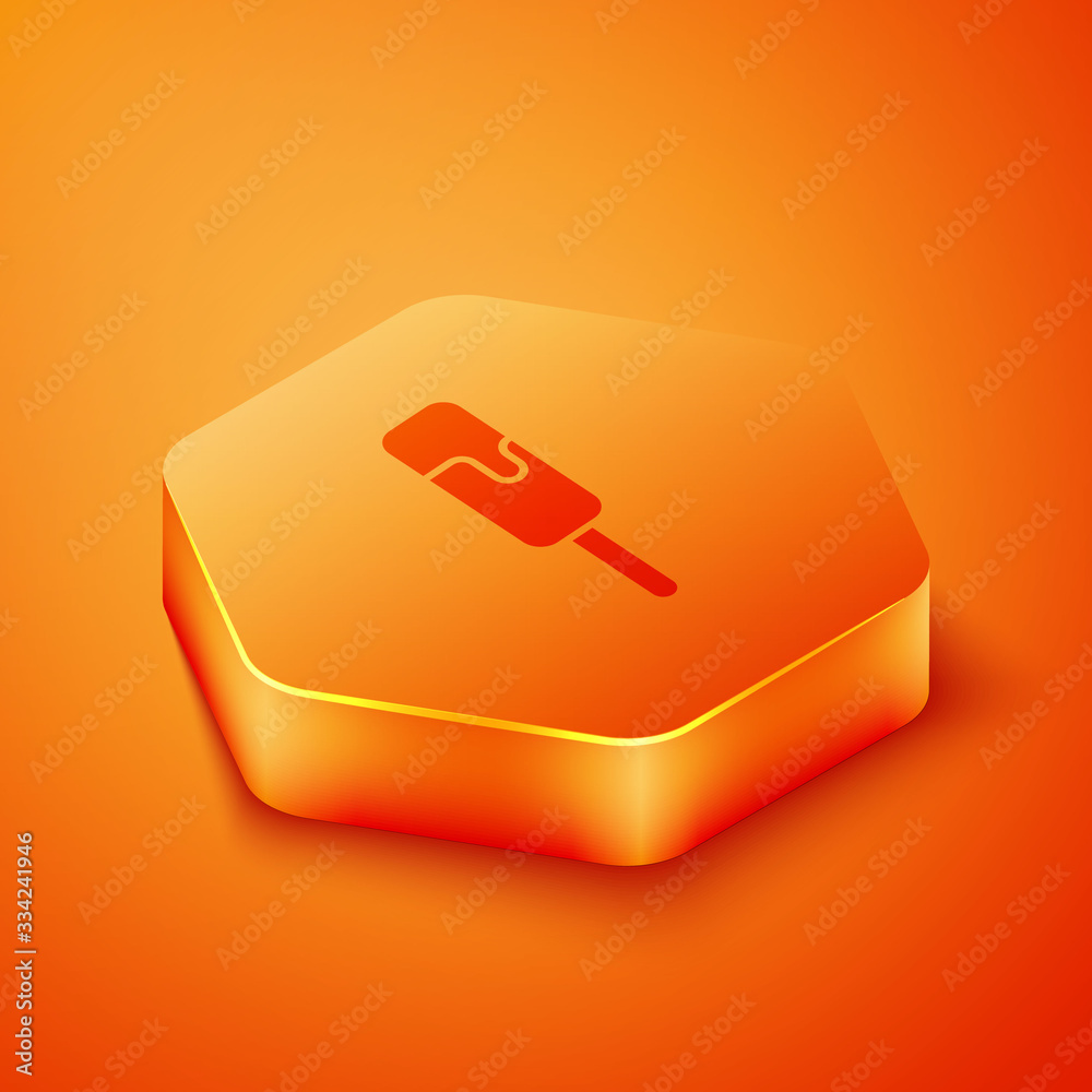 Isometric Ice cream icon isolated on orange background. Sweet symbol. Orange hexagon button. Vector 