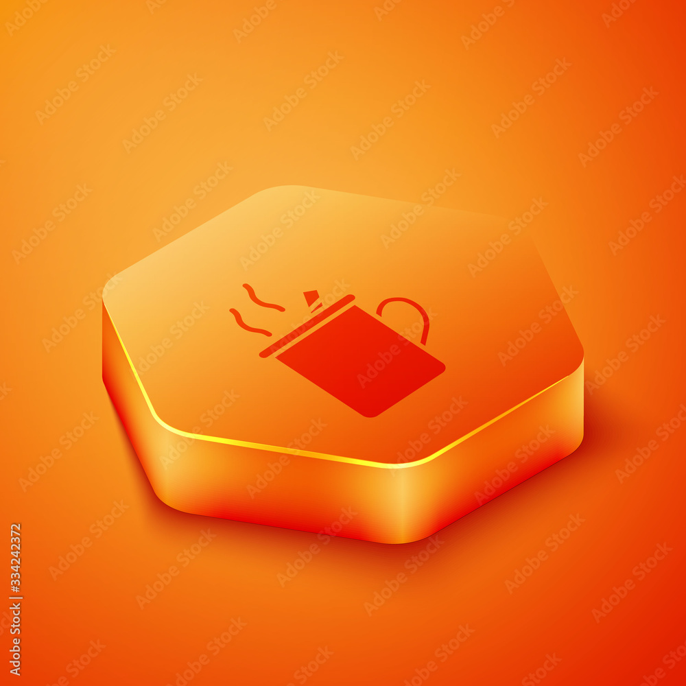 Isometric Mulled wine with glass of drink and ingredients icon isolated on orange background. Cinnam