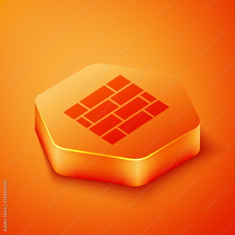 Isometric Bricks icon isolated on orange background. Orange hexagon button. Vector Illustration