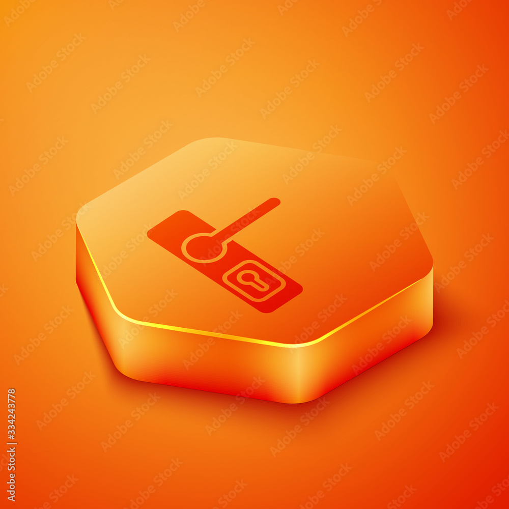 Isometric Door handle icon isolated on orange background. Door lock sign. Orange hexagon button. Vec