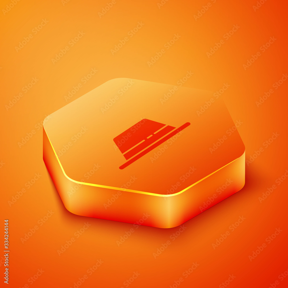 Isometric Man hat with ribbon icon isolated on orange background. Orange hexagon button. Vector Illu