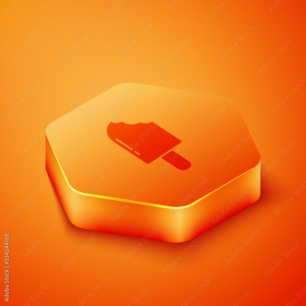 Isometric Ice cream icon isolated on orange background. Sweet symbol. Orange hexagon button. Vector 