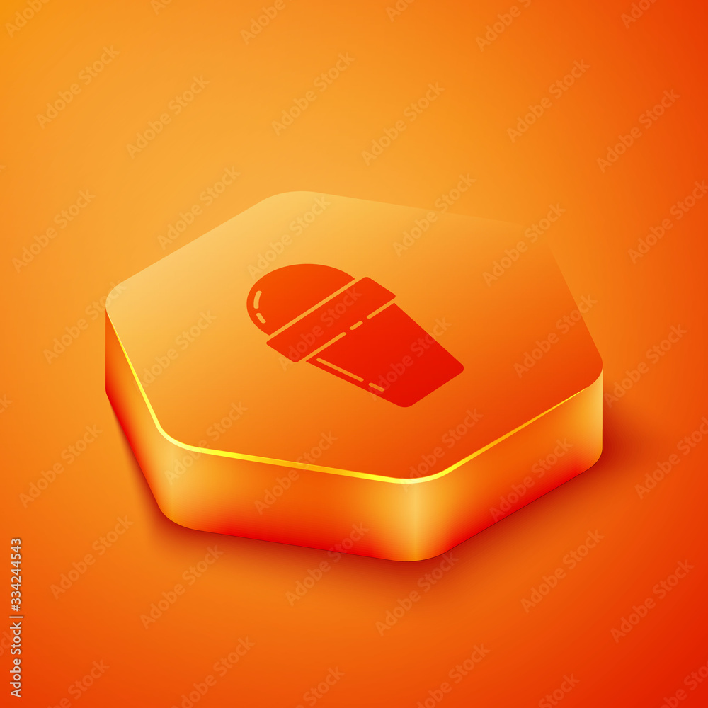 Isometric Ice cream in waffle cone icon isolated on orange background. Sweet symbol. Orange hexagon 