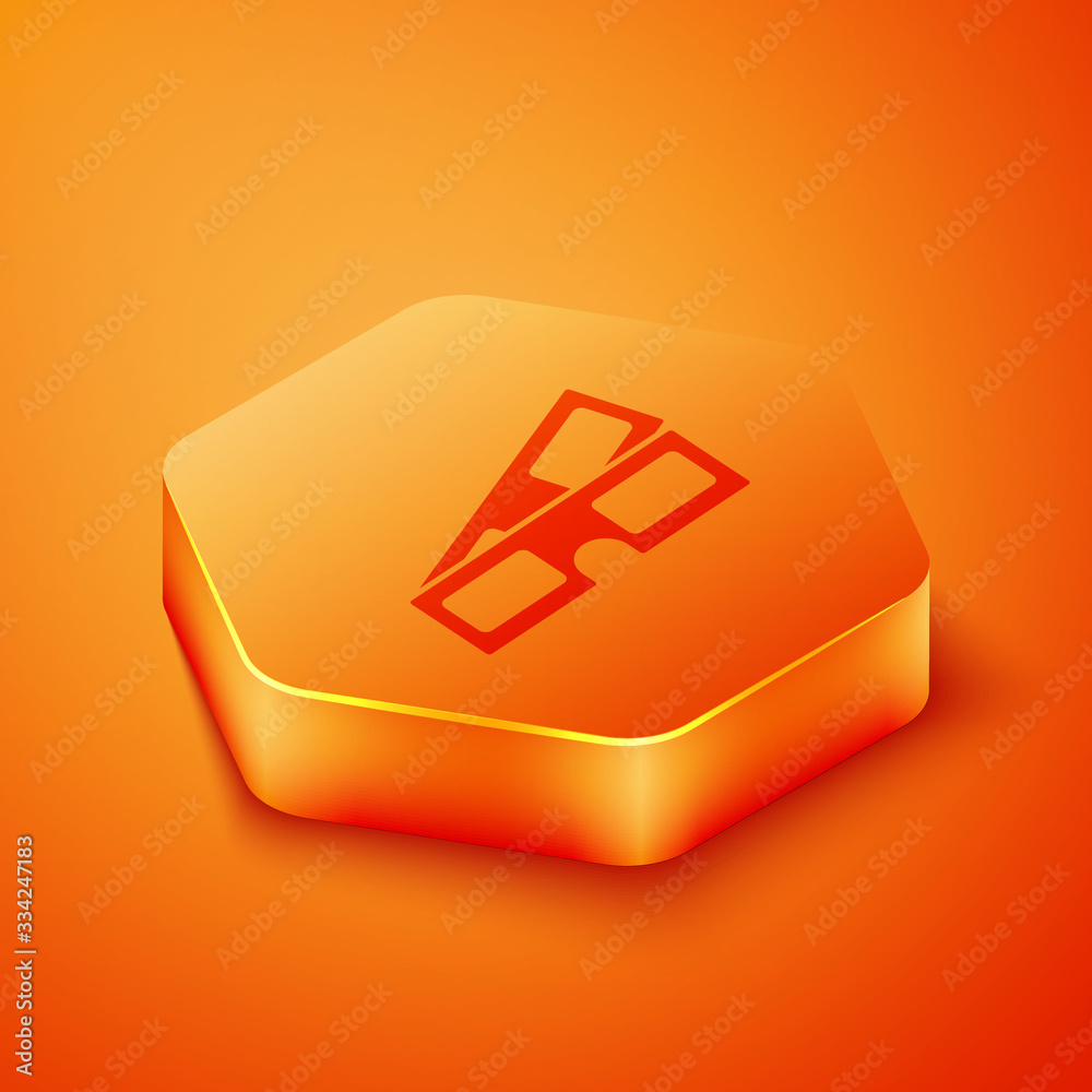 Isometric 3D cinema glasses icon isolated on orange background. Orange hexagon button. Vector Illust