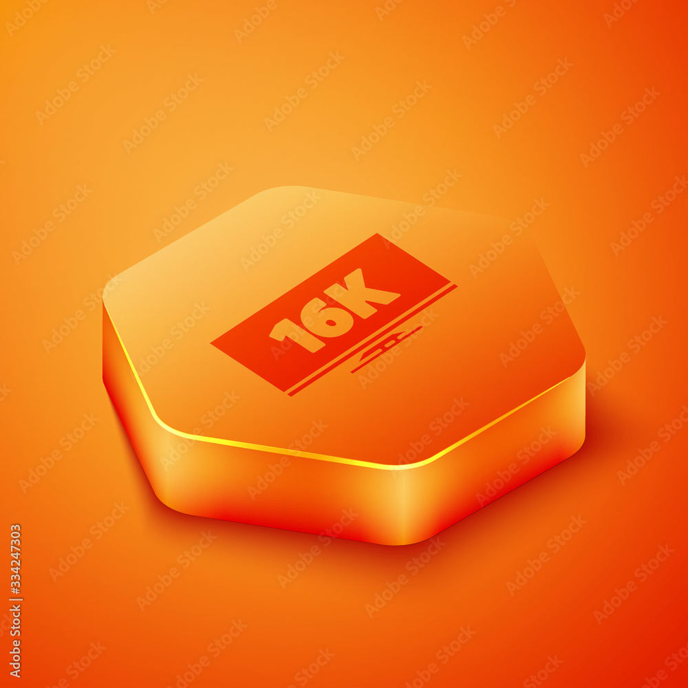 Isometric Screen tv with 16k Ultra HD video technology icon isolated on orange background. Orange he