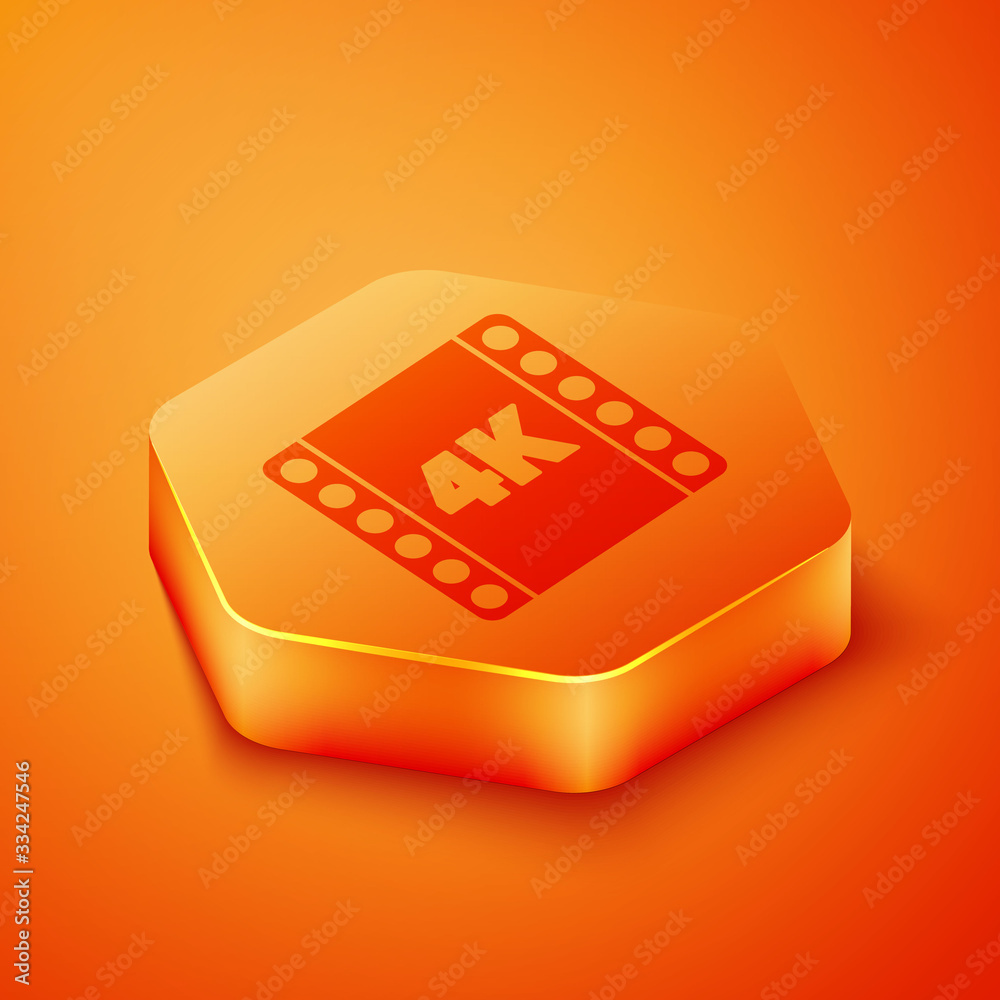 Isometric 4k movie, tape, frame icon isolated on orange background. Orange hexagon button. Vector Il