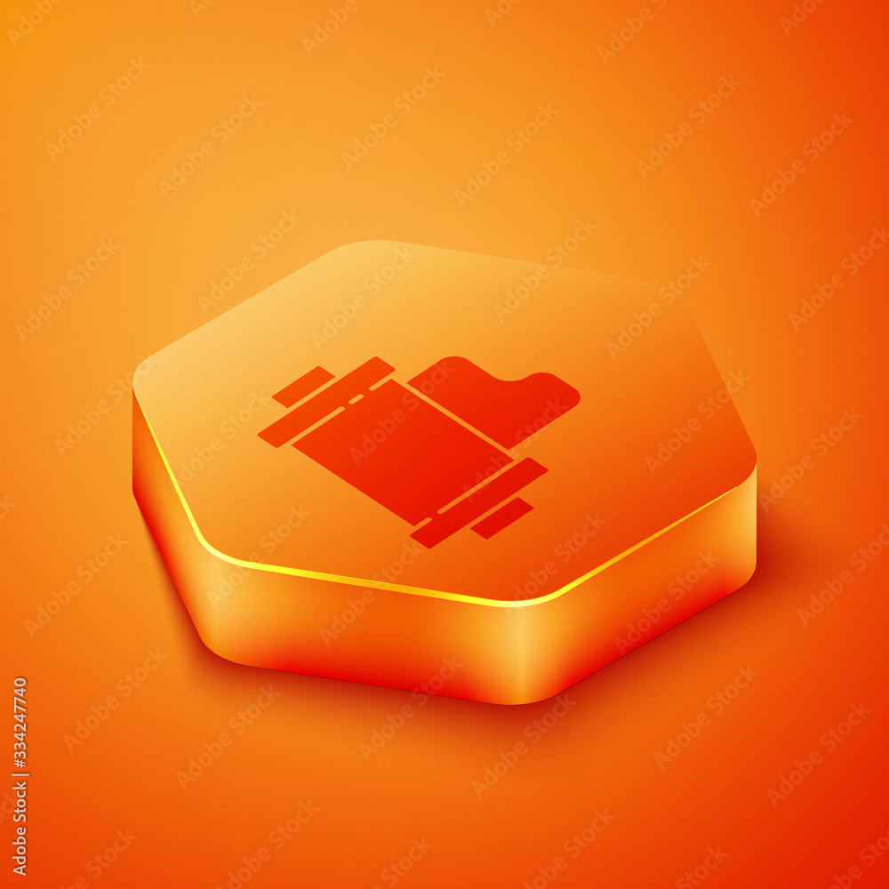 Isometric Camera vintage film roll cartridge icon isolated on orange background. 35mm film canister.