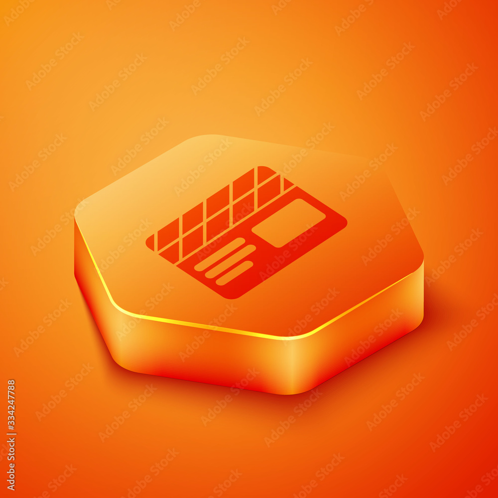 Isometric Movie clapper icon isolated on orange background. Film clapper board. Clapperboard sign. C