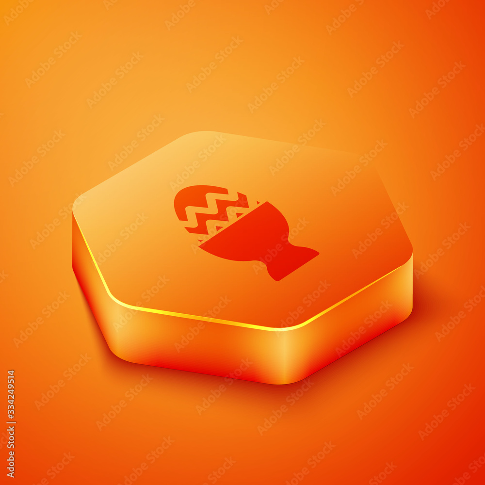 Isometric Easter egg on a stand icon isolated on orange background. Happy Easter. Orange hexagon but