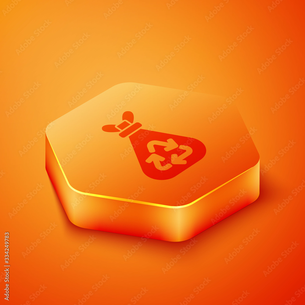 Isometric Garbage bag with recycle symbol icon isolated on orange background. Trash can icon. Recycl