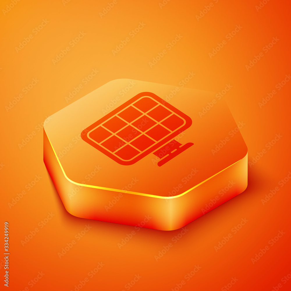 Isometric Solar energy panel icon isolated on orange background. Orange hexagon button. Vector Illus