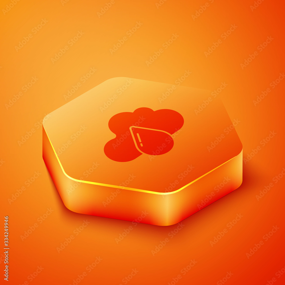 Isometric Cloud with rain icon isolated on orange background. Rain cloud precipitation with rain dro