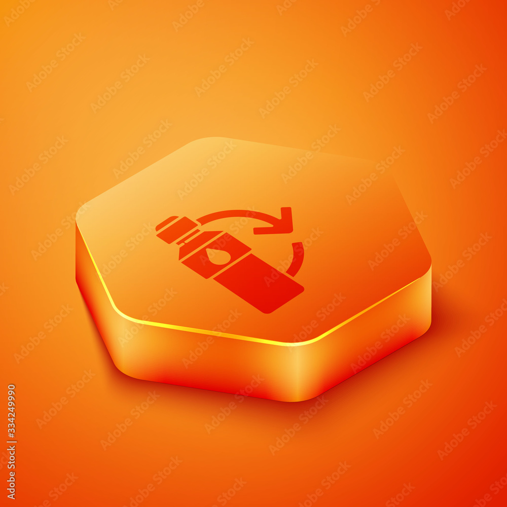 Isometric Recycling plastic bottle icon isolated on orange background. Orange hexagon button. Vector