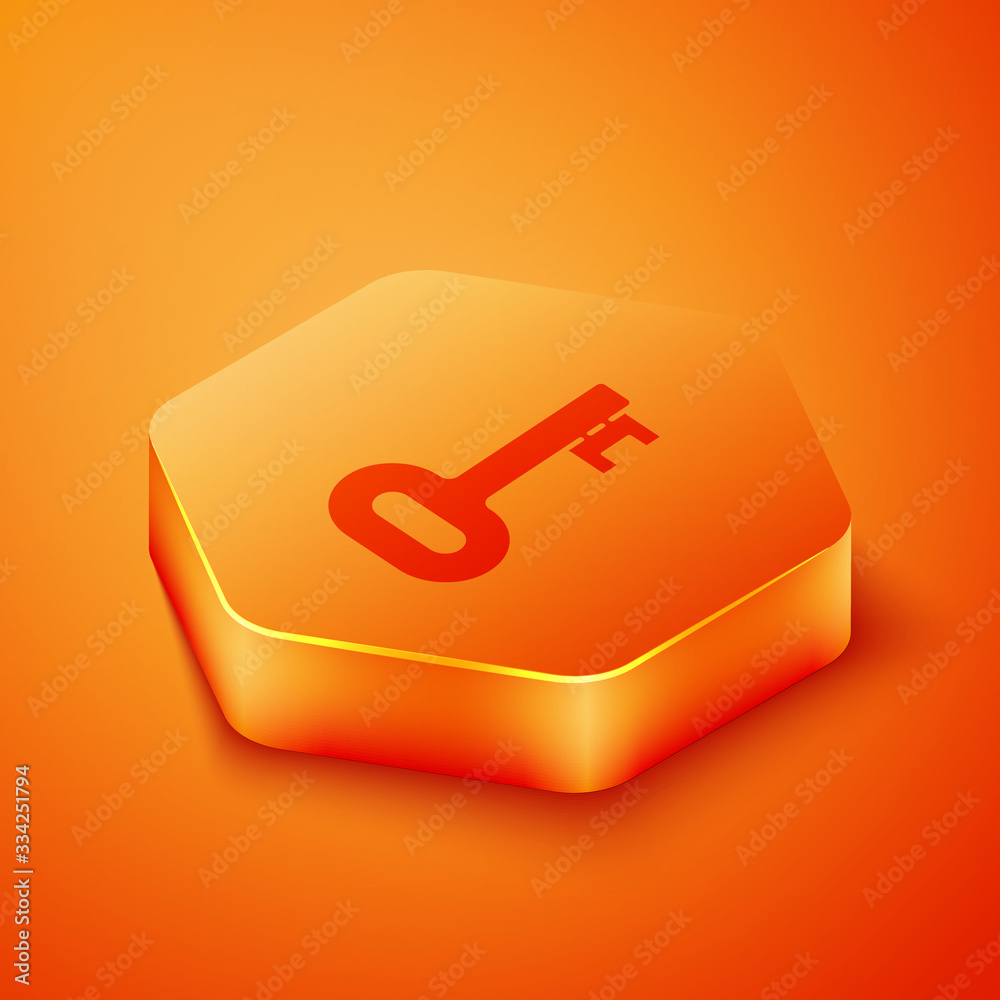 Isometric Old key icon isolated on orange background. Orange hexagon button. Vector Illustration