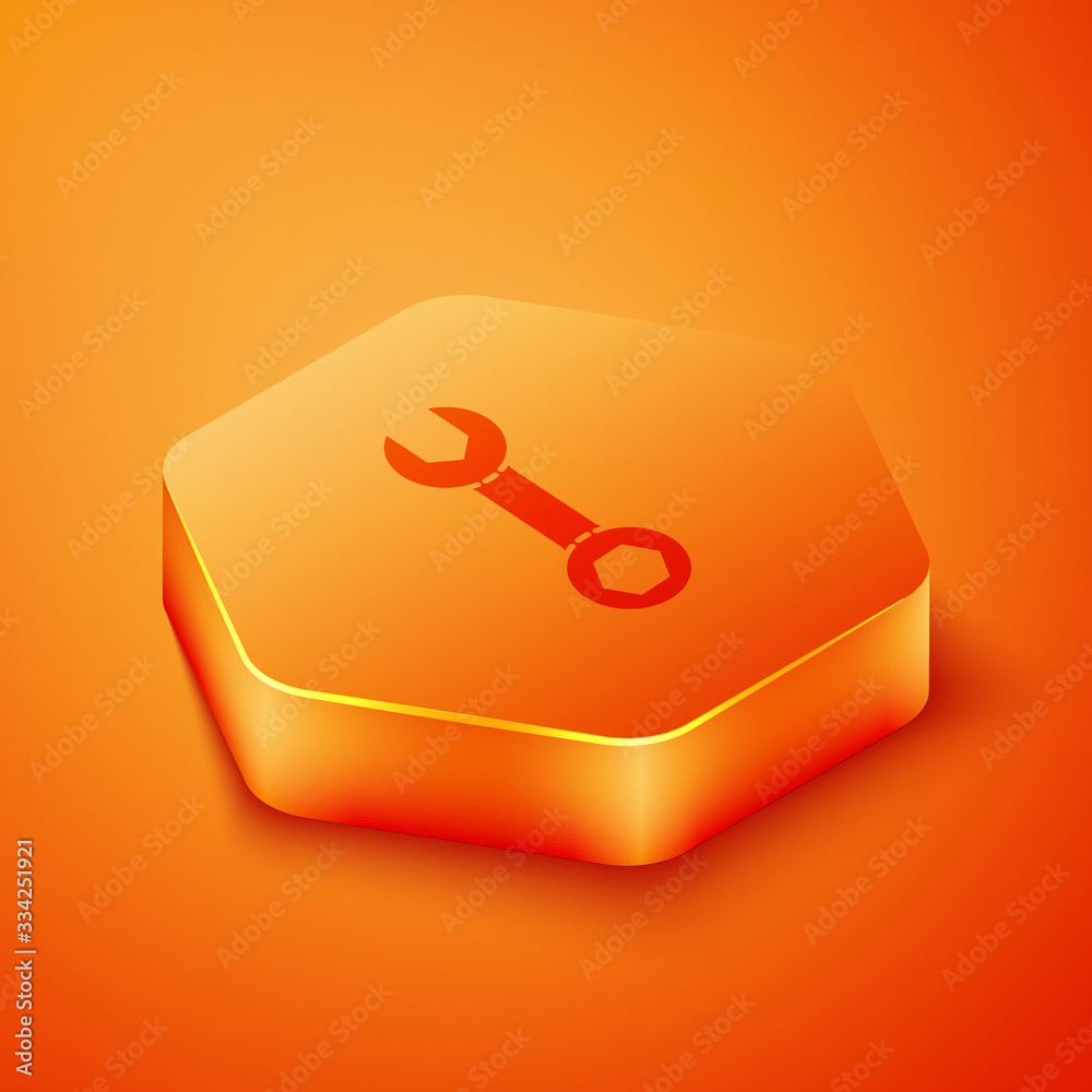 Isometric Wrench spanner icon isolated on orange background. Orange hexagon button. Vector Illustrat