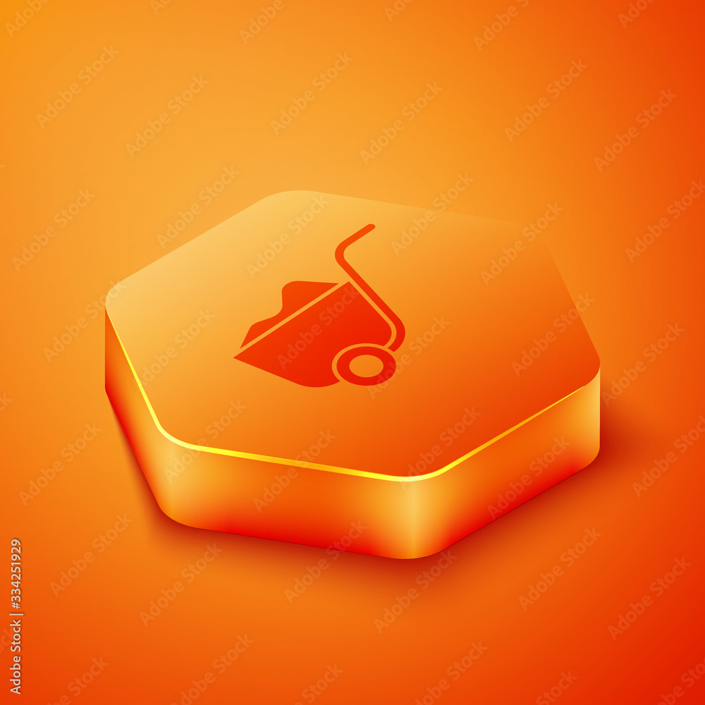 Isometric Shovel icon isolated on orange background. Gardening tool. Tool for horticulture, agricult