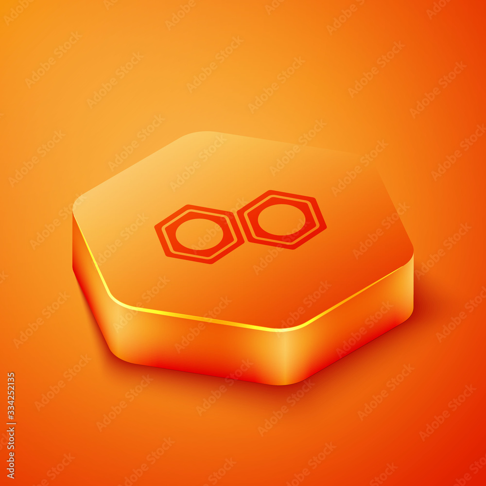 Isometric Hexagonal metal nut icon isolated on orange background. Orange hexagon button. Vector Illu