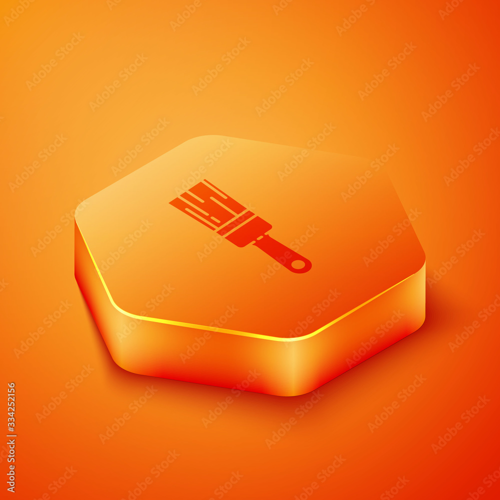 Isometric Paint brush icon isolated on orange background. Orange hexagon button. Vector Illustration