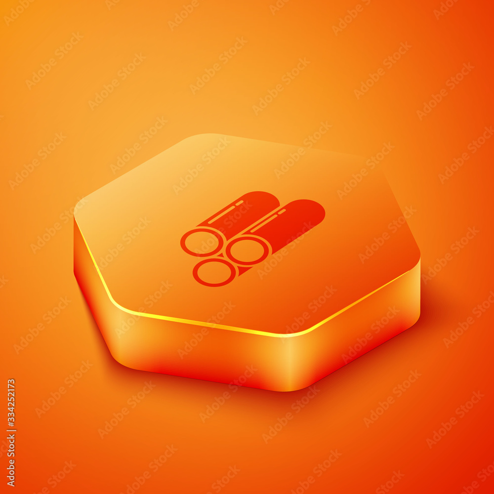 Isometric Industry metallic pipe icon isolated on orange background. Plumbing pipeline parts of diff