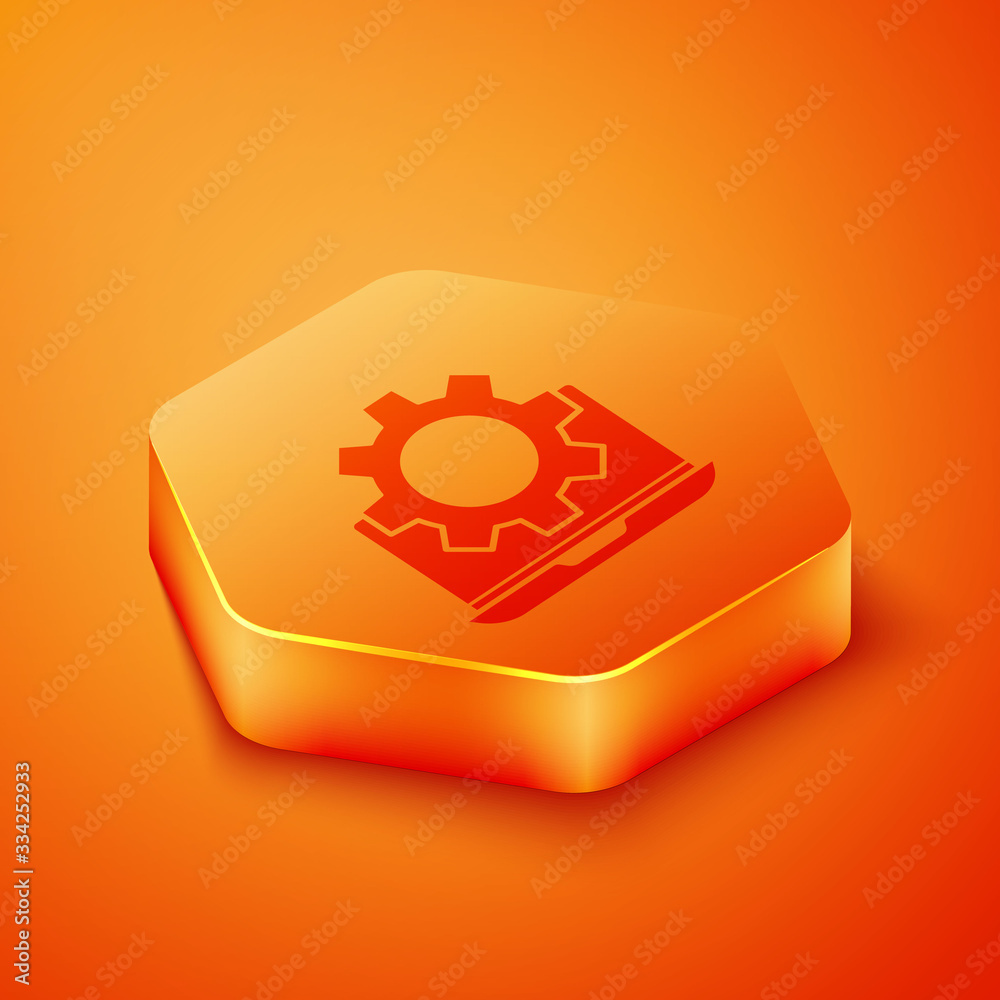 Isometric Laptop and gear icon isolated on orange background. Adjusting app, setting options, mainte