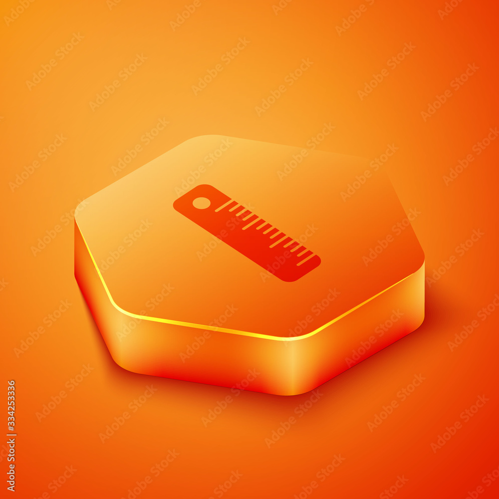 Isometric Ruler icon isolated on orange background. Straightedge symbol. Orange hexagon button. Vect