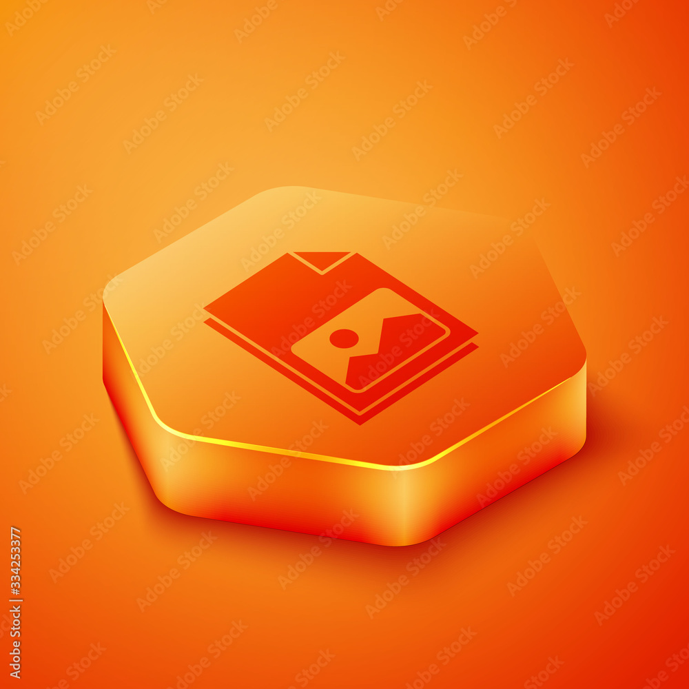 Isometric Picture landscape icon isolated on orange background. Orange hexagon button. Vector Illust