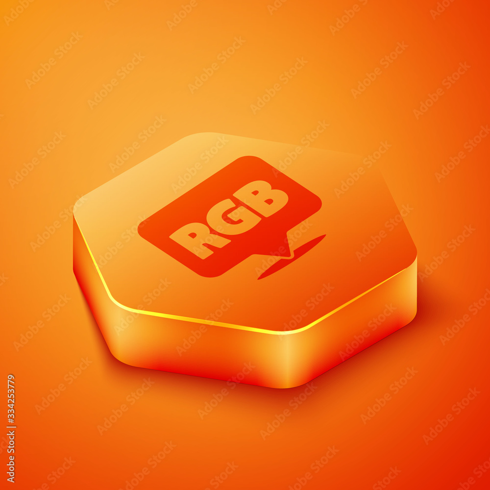 Isometric Speech bubble with RGB and CMYK color mixing icon isolated on orange background. Orange he