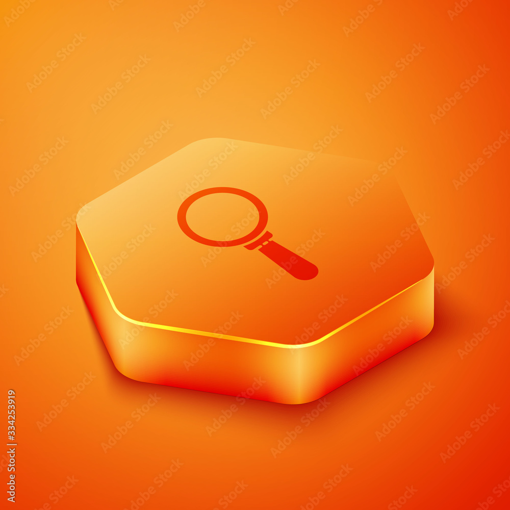 Isometric Magnifying glass icon isolated on orange background. Search, focus, zoom, business symbol.