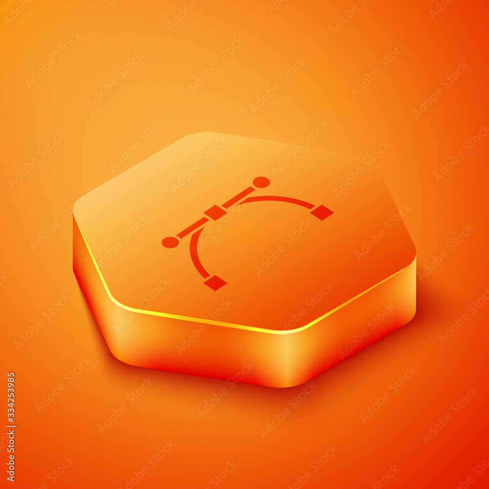 Isometric Bezier curve icon isolated on orange background. Pen tool icon. Orange hexagon button. Vec