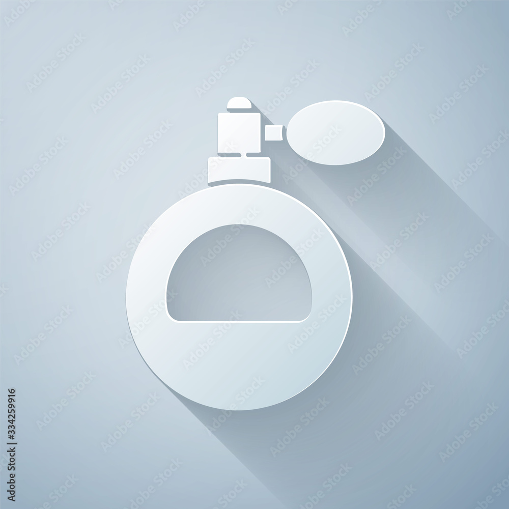 Paper cut Perfume icon isolated on grey background. Paper art style. Vector Illustration