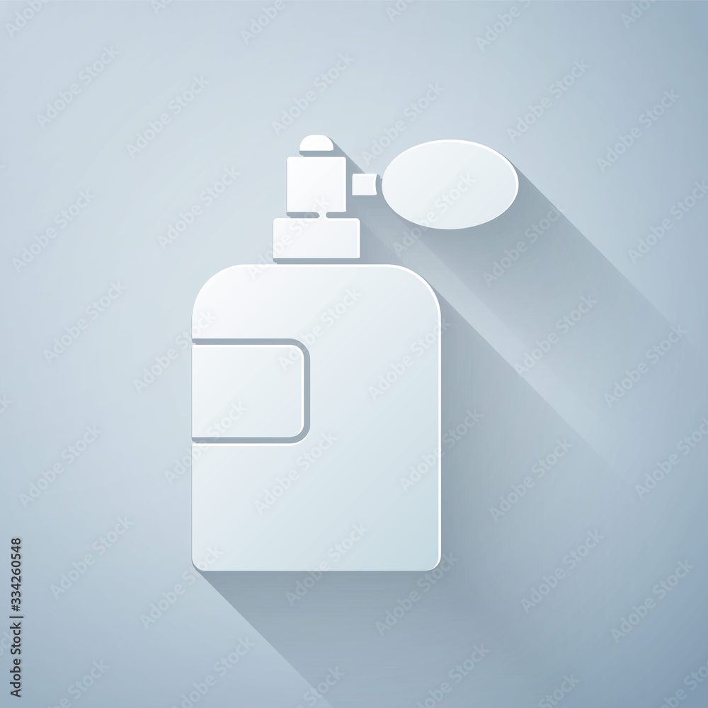 Paper cut Perfume icon isolated on grey background. Paper art style. Vector Illustration