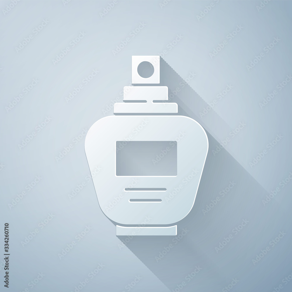 Paper cut Perfume icon isolated on grey background. Paper art style. Vector Illustration