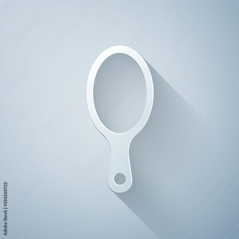 Paper cut Hand mirror icon isolated on grey background. Paper art style. Vector Illustration