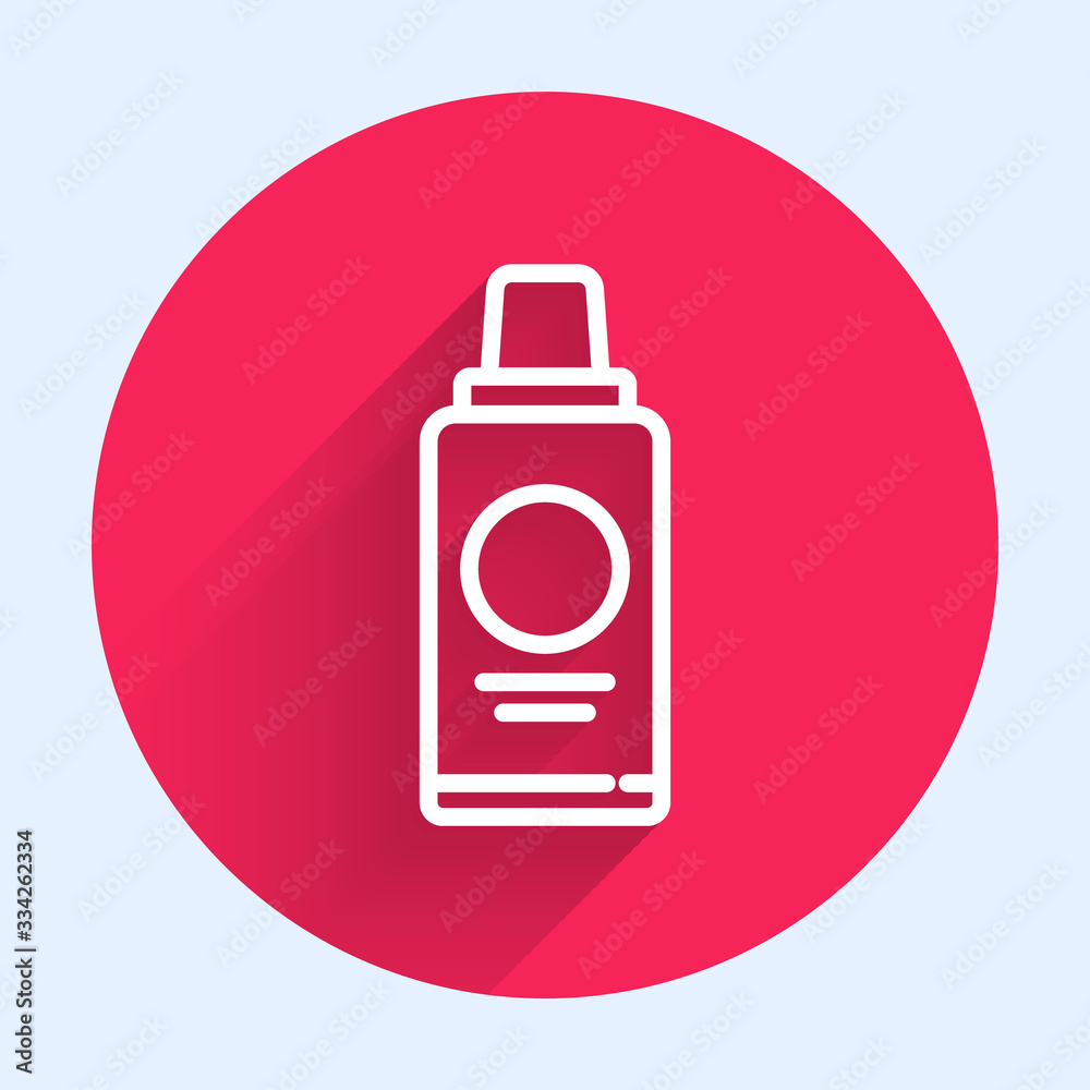 White line Bottle of shampoo icon isolated with long shadow. Red circle button. Vector Illustration