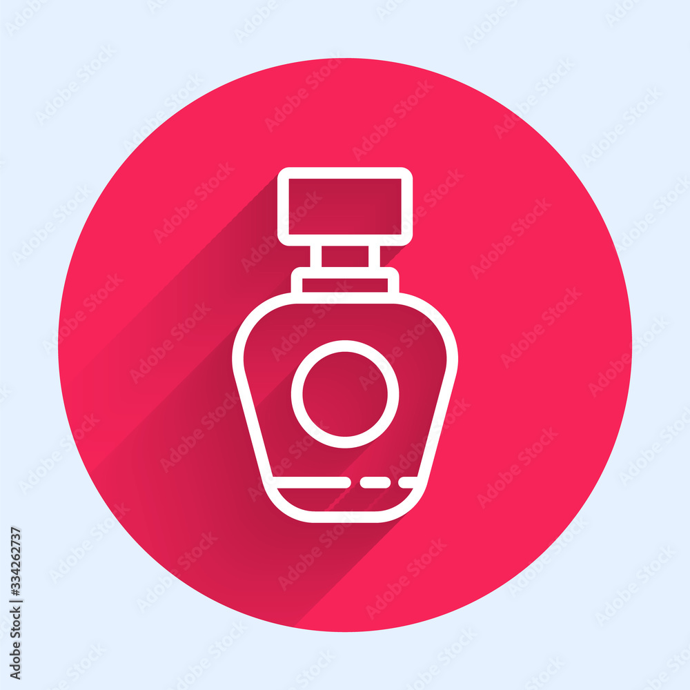 White line Perfume icon isolated with long shadow. Red circle button. Vector Illustration