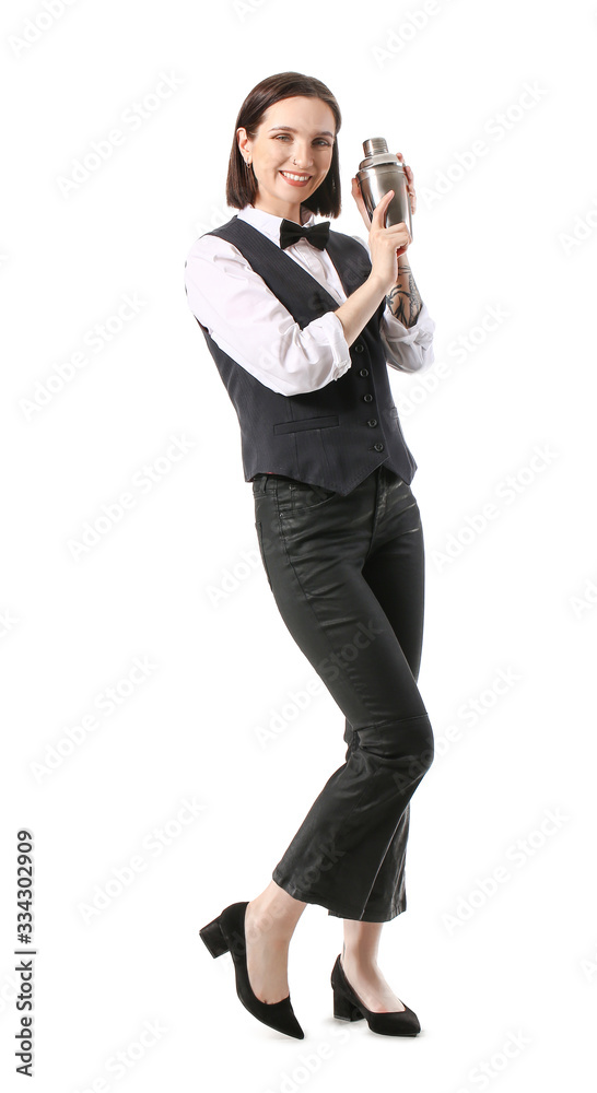 Beautiful female bartender on white background